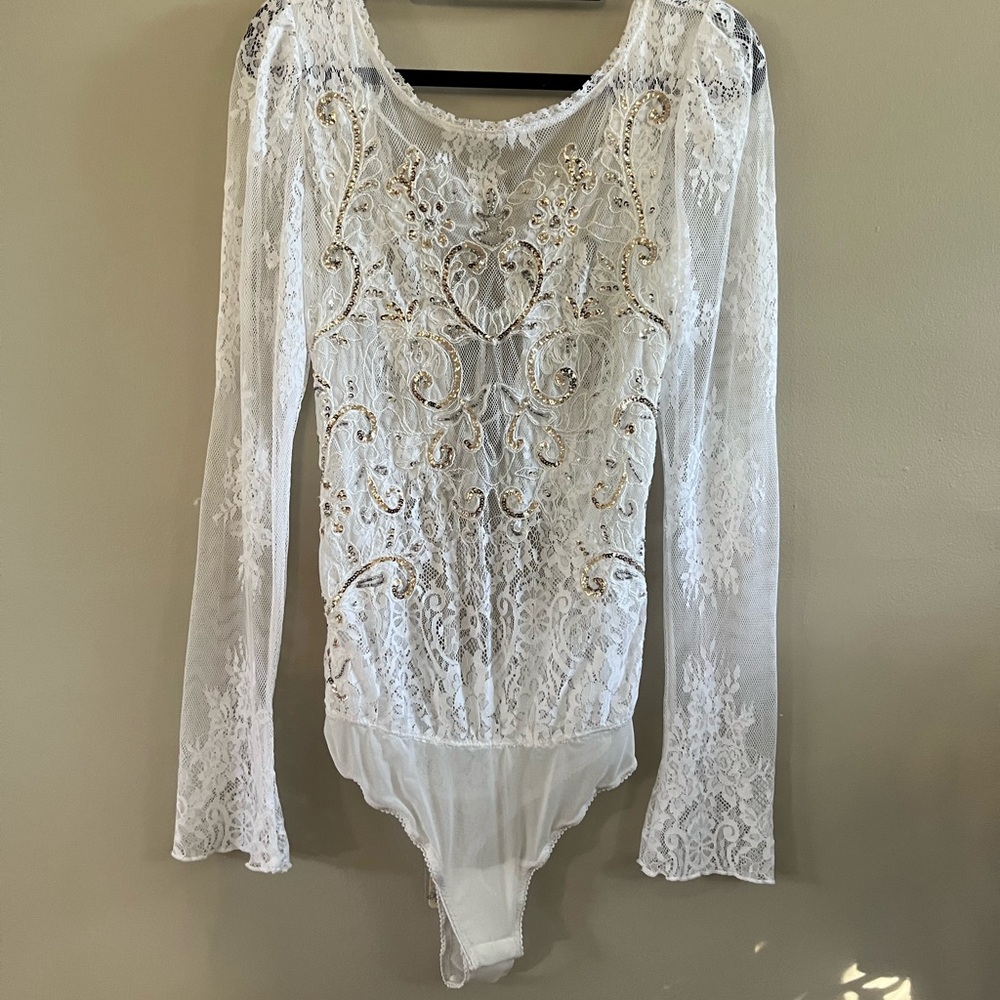 Free People - Intimately  - Ready to Party Lace Bodysuit White Long Sleeve Small - Picture 10 of 11